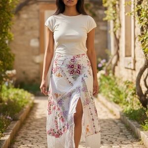 Anthropologie Asymmetrical Floral Skirt - White and Pink